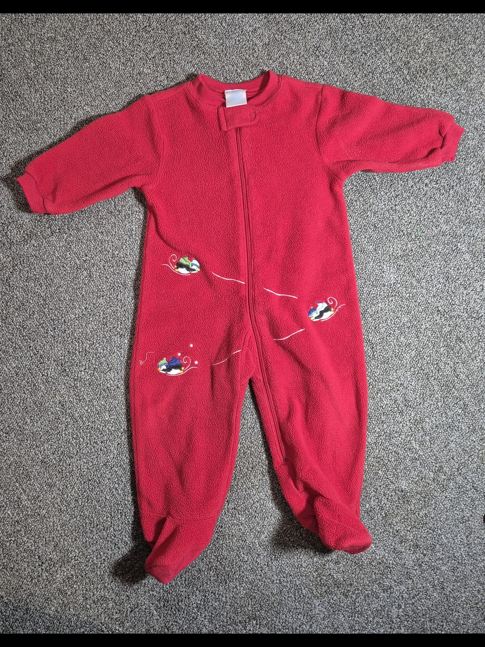 Gymboree Red Fleece Footed Sleeper 3-6 Months Christmas Penguin Zip Front